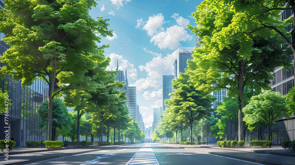 Eco-friendly city concept: vibrant urban life with trees