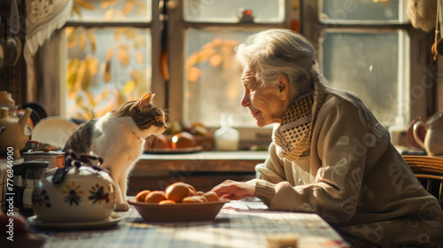 Elderly woman enjoying quiet kitchen time with pet cat