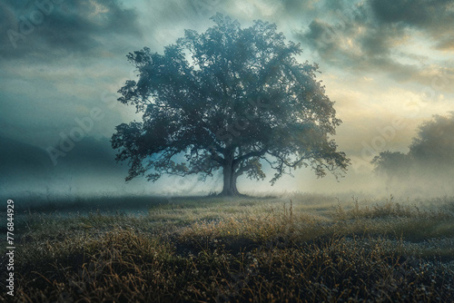 A large tree stands in a field of tall grass. The sky is overcast and the grass is wet