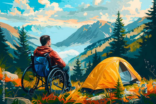 A disabled man sits in a wheelchair near his tent at an outdoor campsite in the forest in a clearing overlooking the mountains