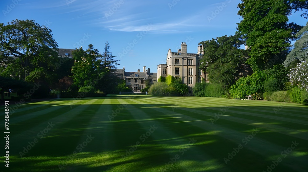 A serene view of a stately home overlooking a lush, striped lawn under the clear blue sky.