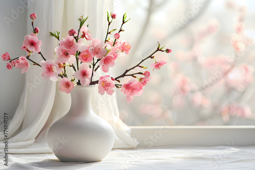 A white vase filled with pink flowers on a light background, creating a delicate and elegant floral arrangement.