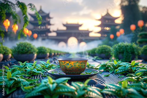 Oolong tea making its way into a cup, encircled by oolong leaves, in front of an ornate Asian bridge photo