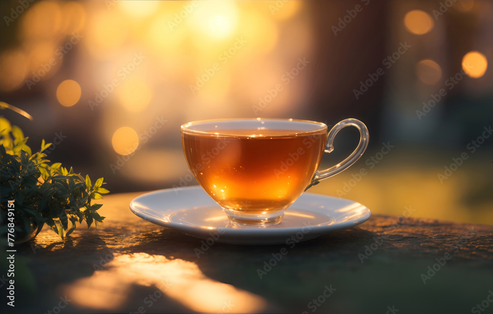 Obraz premium a cup of tea with beautiful sun light bokeh outdoor background
