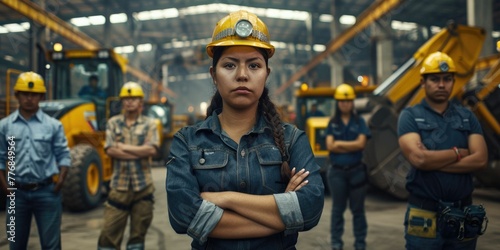 group portrait of construction workers with background of excavation machinery aigx04