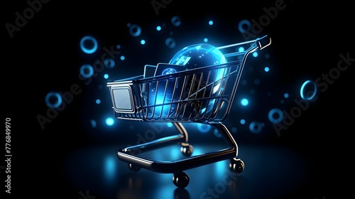 Futuristic Digital Shopping Cart with Global E commerce Marketplace and Consumer Data Analytics