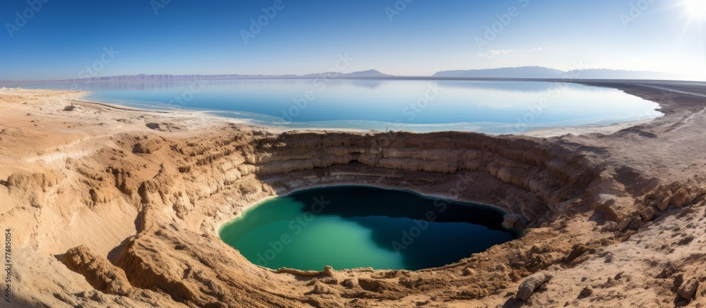 In the heart of the arid desert, a vast crater dominates the landscape, showcasing nature's powerful forces and creating a stunning geological marvel