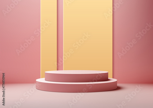 3D pink podium with a yellow wall in the pink background. Product mockup display
