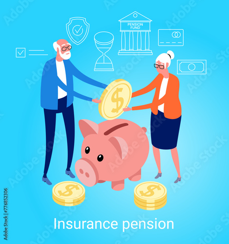 People characters investing money in pension fund. Retirement fund. Seniors saving money for retirement.