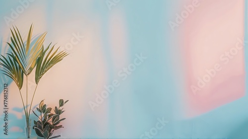 A serene image showcasing a potted palm and a smaller plant against a soothing pastel-colored background with a dreamy light effect.  photo