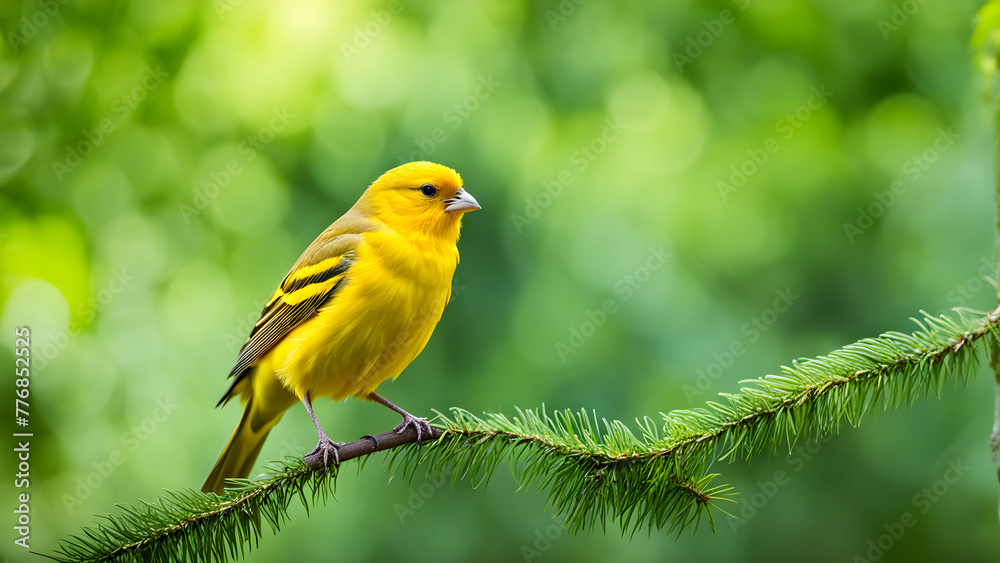 Obraz premium Yellow feathered canaries on tree branches, bird protection