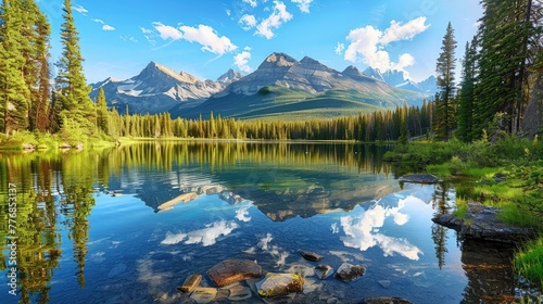 A tranquil mountain lake reflecting the rugged peaks that surround it  a serene mirror of nature s majesty.
