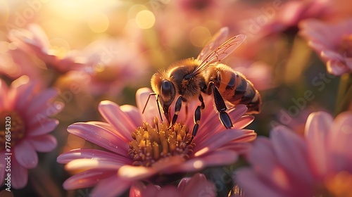 A close-up image of a honeybee pollinating vibrant daisy flowers at golden hour with a soft bokeh background.  © Vivid Canvas