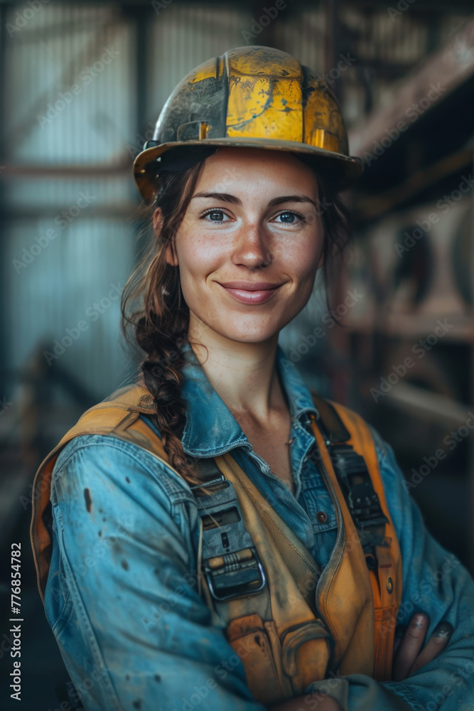Cheerful Female Engineer in Safety Gear at Work Site