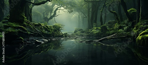 Lush greenery fills a dense forest with moss-covered trees surrounding a gently flowing stream in the foreground