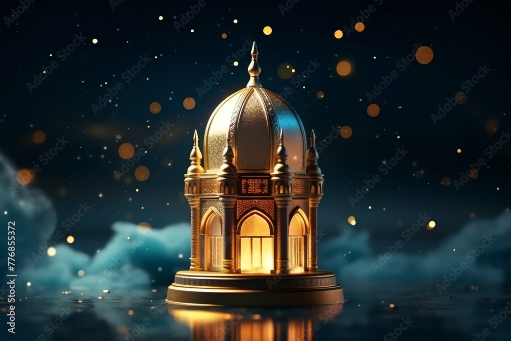 Obraz premium Eid mubarak and ramadan kareem greetings with islamic lantern and mosque. Eid al fitr background