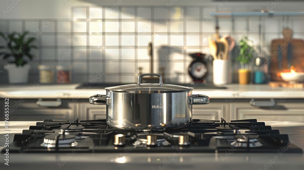 Modern home kitchen interior with pot on stove Modern home kitchen interior with pot on stove