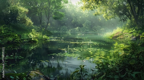 A tranquil pond nestled within a verdant forest, its surface reflecting the tranquil beauty of the surrounding landscape.