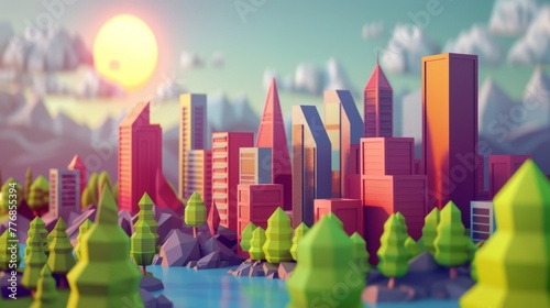 Digital frontier of a low poly cityscape  harmonizing in a symphony of polygons