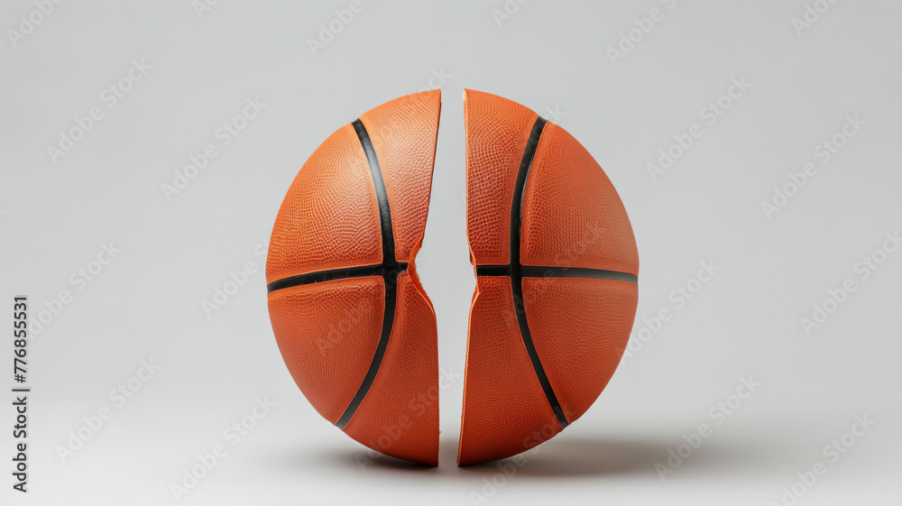 Basketball split in half illusion on a grey background.
