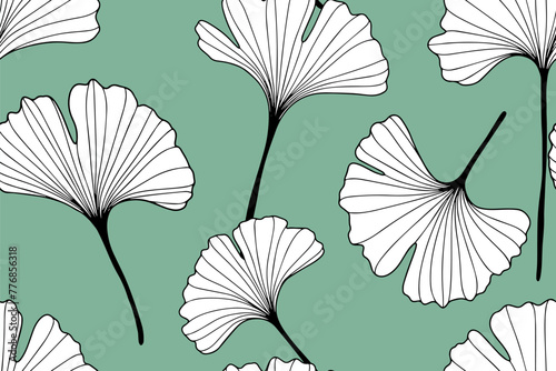 Green botanical vector seamless pattern with black and white ginkgo biloba branches. Pattern for textiles, packaging paper, wallpaper, covers and cases.