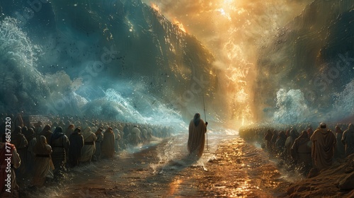 Army crossing magical sea with glowing staff in epic fantasy scene photo