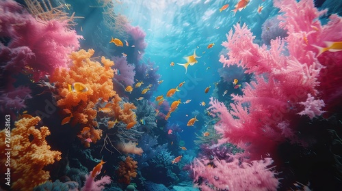 A vibrant coral reef teeming with life, showcasing the vibrant colors and intricate patterns of underwater creatures in their natural habitat. © sania