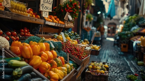 A vibrant farmers' market overflowing with fresh fruits, vegetables, and organic produce, offering a colorful array of nutritious options to support a healthy and balanced diet. © sania