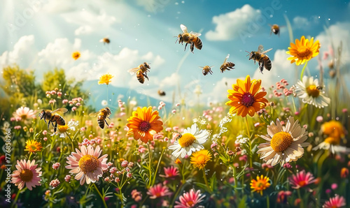 Idyllic meadow scene, harmonious relationship between honeybees and blooming wildflowers, vital role of pollinators in sustaining vibrant ecosystems and the need for creating bee friendly environments photo