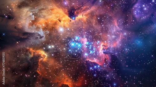 A vibrant star cluster nestled within a cloud of colorful gas and dust, with young, hot stars illuminating their surroundings with brilliant hues.