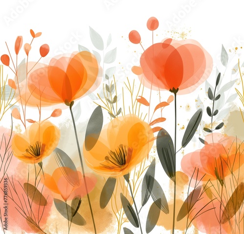 Whimsical hand-drawn watercolor illustration of blooming flowers in a warm  joyful color palette