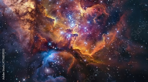 A vibrant star cluster nestled within a cloud of colorful gas and dust, with young, hot stars illuminating their surroundings with brilliant hues.