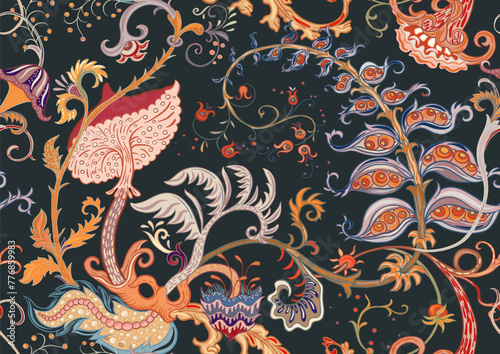 Fantasy, alien hypnotic flowers, decorative flowers and leaves. Cartoon style. Millefleurs trendy floral design. Seamless pattern, background. Outline hand drawing vector illustration.