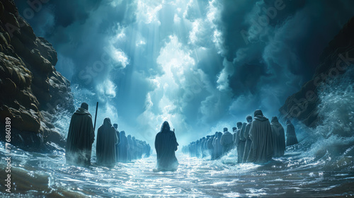 Army crossing magical sea with glowing staff in epic fantasy scene photo