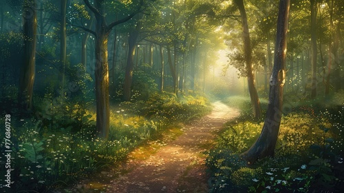 A winding forest path bathed in the soft light of dawn, leading to undiscovered treasures hidden amidst the tranquil woods. photo