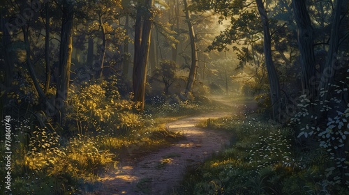 A winding forest path bathed in the soft light of dawn, leading to undiscovered treasures hidden amidst the tranquil woods.