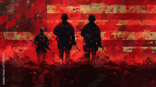 USA soldier silhouettes against flag, abstract graphic design