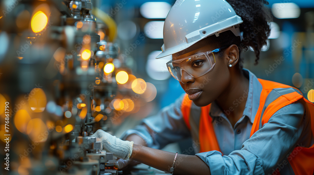 Professional female engineer in safety gear meticulously adjusts complex machinery within an industrial factory setting. Professional female engineer in safety gear meticulously adjusts complex machinery within an industrial factory setting.