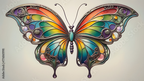 butterfly in Art Nouveau style. illustration of colorful butterfly on white background	
