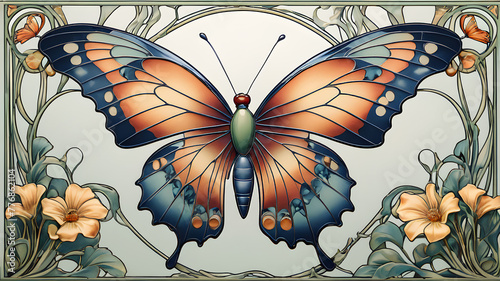 butterfly in Art Nouveau style. illustration of colorful butterfly on white background