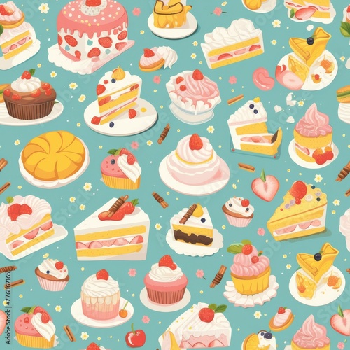 This delightful pattern is a sweet tooth dream  adorned with beautifully illustrated cakes and pastries  inviting a sense of joy and indulgence. Seamless pattern wallpaper background.