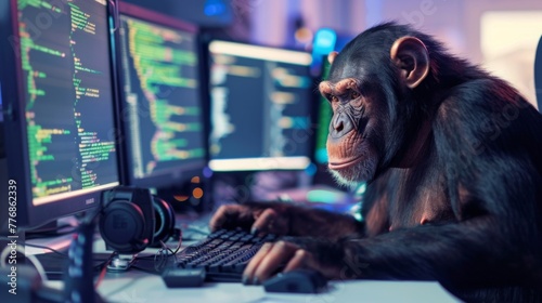 Chimpanzee engages with multiple computer screens, playful spin on modern programming and artificial intelligence themes. Contrast between natural intelligence and digital innovation sparks curiosity.