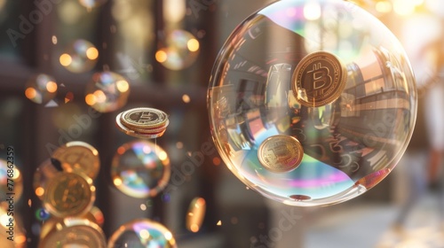 This artistic representation captures the volatile nature of cryptocurrency investment returns through a bubble chart, with bitcoins seemingly floating in a transparent sphere. © Beyonder