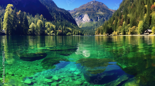 lake in the mountains.