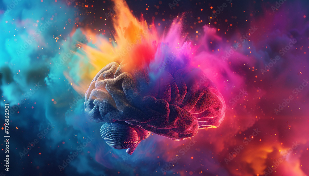 Obraz premium Concept with a brain exploding in colorful holi powder