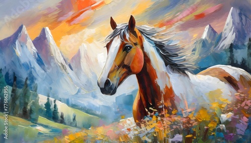 Abstract oil painting, horse, mural, art wall. Hand-painted oil painting, high detailed  photo