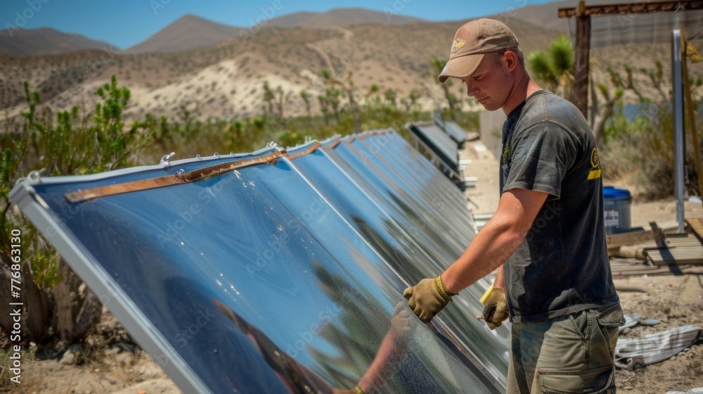 A worker standing alongside a group of solar water heaters adjusting the angle of one panel to capture the most sunlight possible. . . A worker standing alongside a group of solar water heaters adjusting the angle of one panel to capture the most sunlight possible. . .