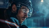 An ice hockey player, lost in a moment of intense focus, prepares for the game under the arena lights, his expression capturing the concentration and fervor of sport.