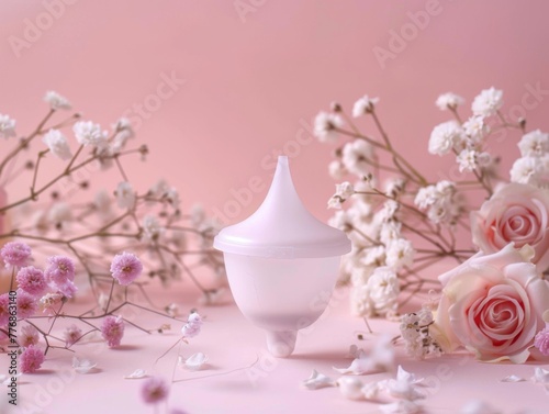 Minimalist Menstrual Cup on Floral Backdrop. A minimalist presentation of a menstrual cup  the epitome of modern feminine care  set against a floral backdrop for an ethereal  delicate touch.
