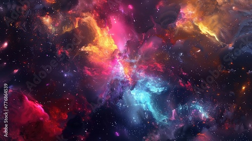 An abstract depiction of a distant galaxy, with splashes of vivid colors and ethereal glow, inviting viewers to contemplate the mysteries of the universe.
